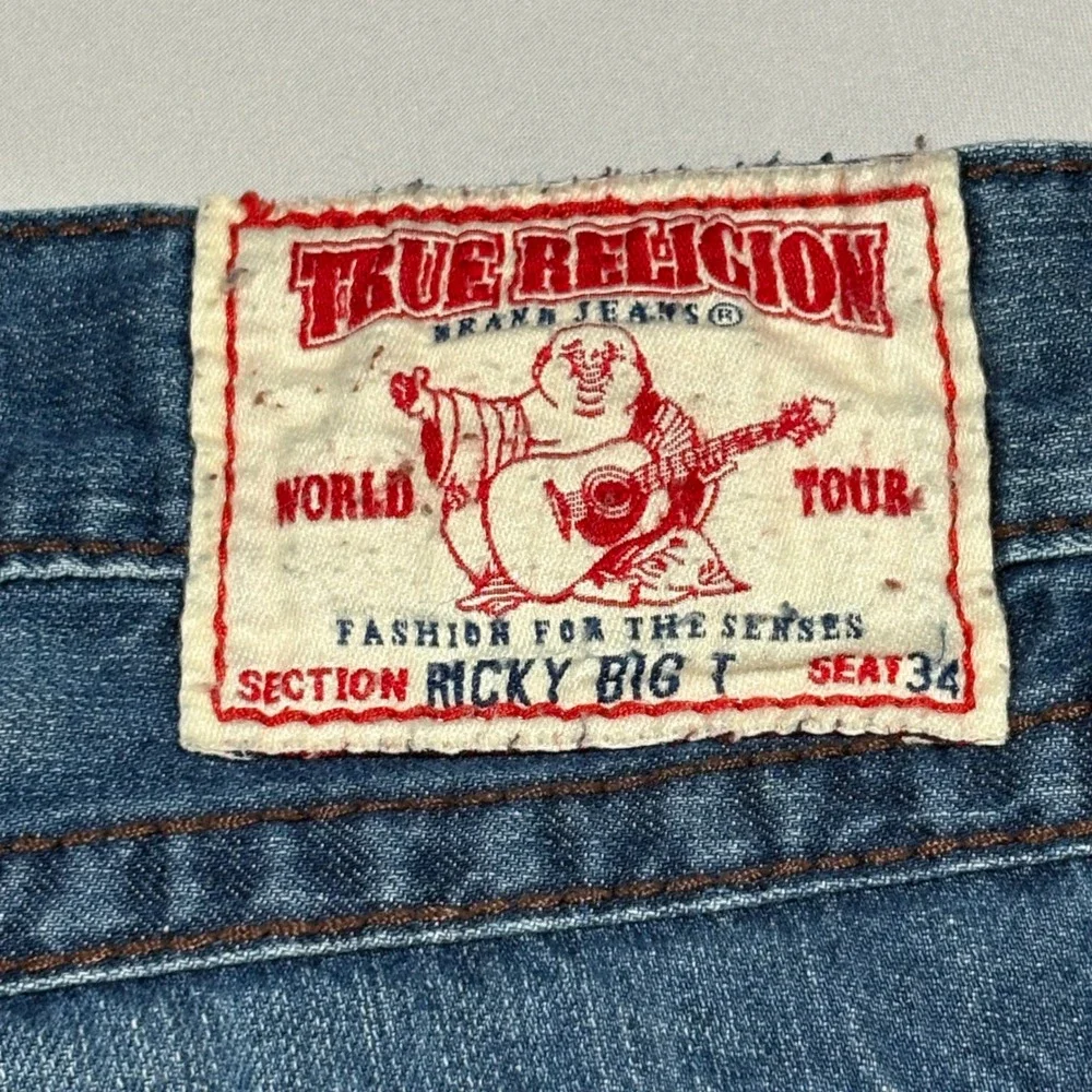 True Religion Jeans Mens 38x34 Ricky Big T Blue Straight Leg Contrast Stitch EUC